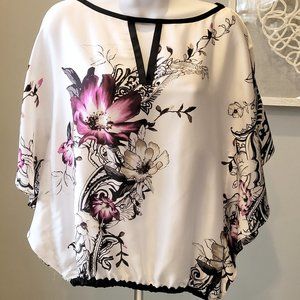 White House Black Market black and pink floral blouse, cut-out neck feature
